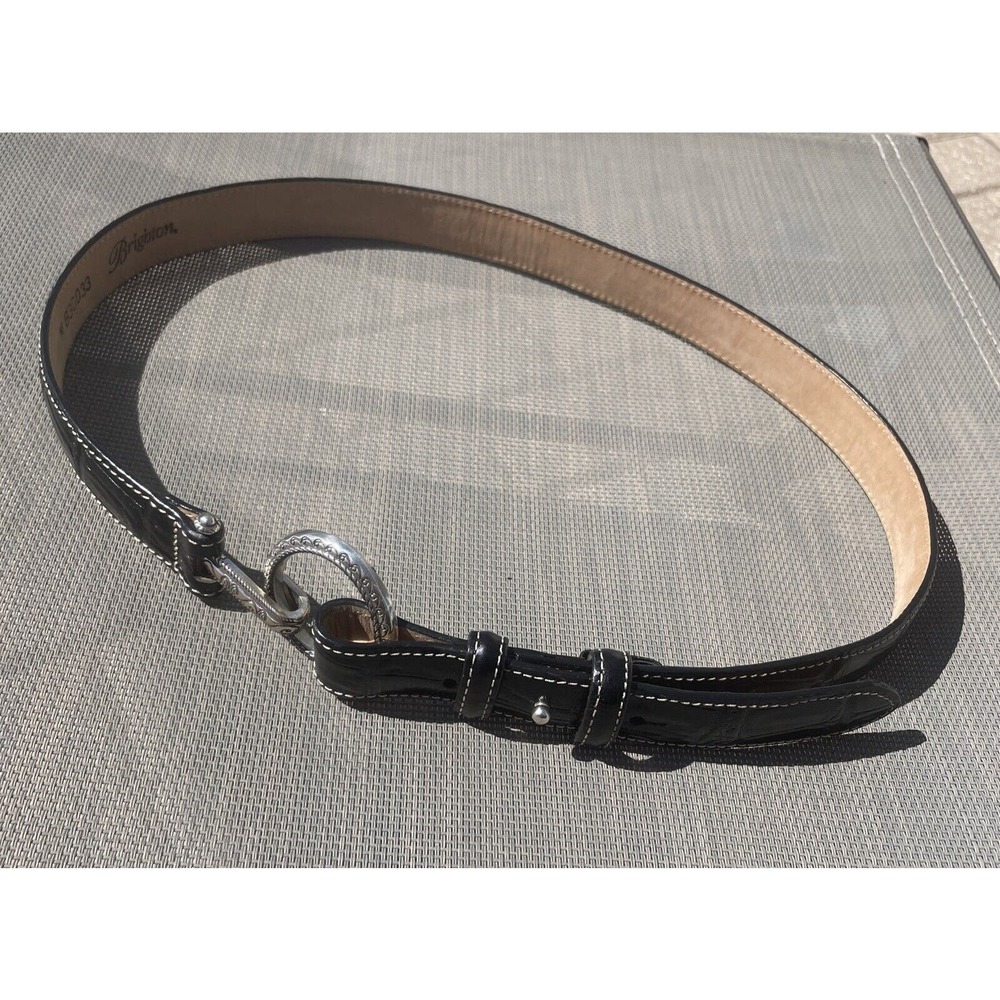Brighton Faux Croc Embossed Leather Belt Silver Tone Hook Buckle 29” Waist Belt